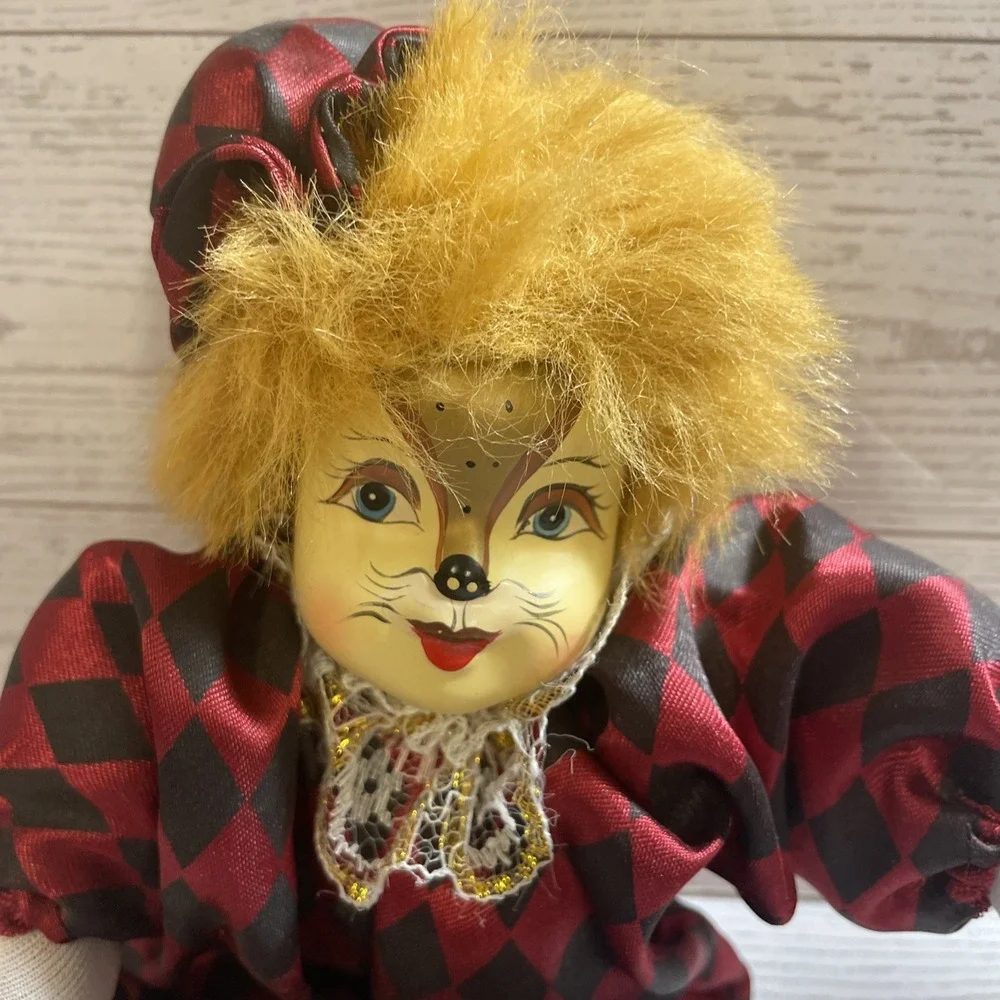 Vintage Red Cat CLOWN Mardi Gras Collectible Doll Hand Painted FACE‎ Circus MCM